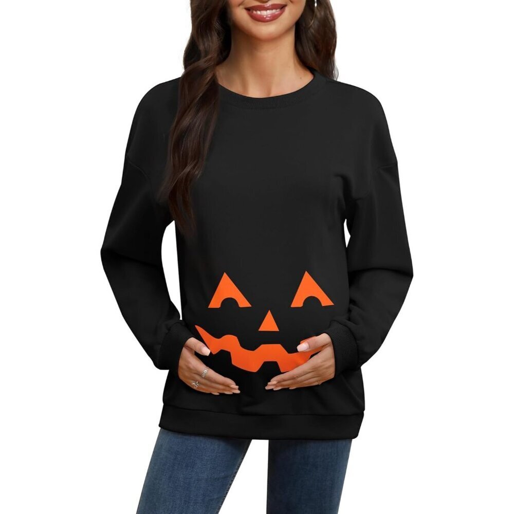Women's Halloween Maternity Long Sleeve Crewneck Sweatshirt Pregnancy Pumpkin Sk